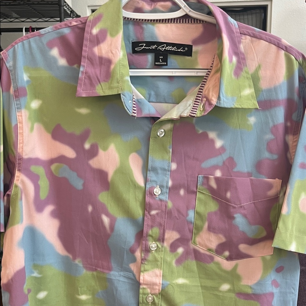 Just Attitude Multicolor Camouflage Men's SS Button Down Shirt - Picture 3 of 5